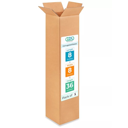 Idl Packaging 8 in x 8 in x 36 in Shipping Box, Kraft, Corrugate, Single Wall, 200#, 5 PK B-8836-5